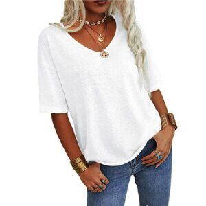 NEW- Langwyqu Wide V-Neck Short Sleeved Loose T-Shirt- Women's XL